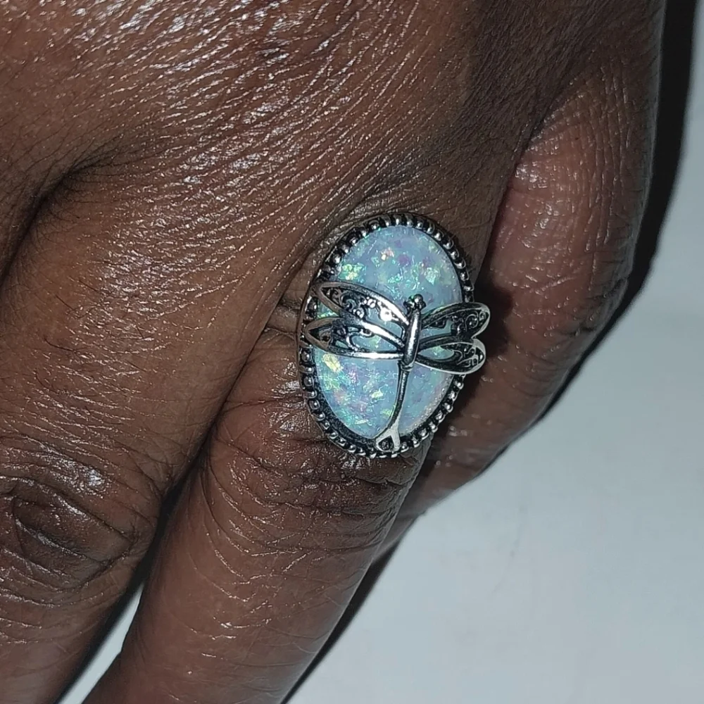 Vintage Elegant Silver Dragonfly Opal Ring Sz 8